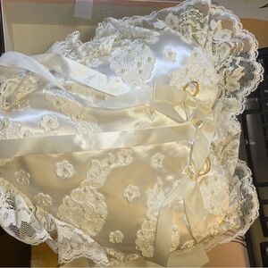 Wedding Ring Pillow Apron Satin Lace Pearls Embroidered flowers & Apron